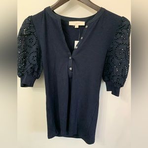 NWT - Loft, navy blue, fitted, puff sleeve shirt